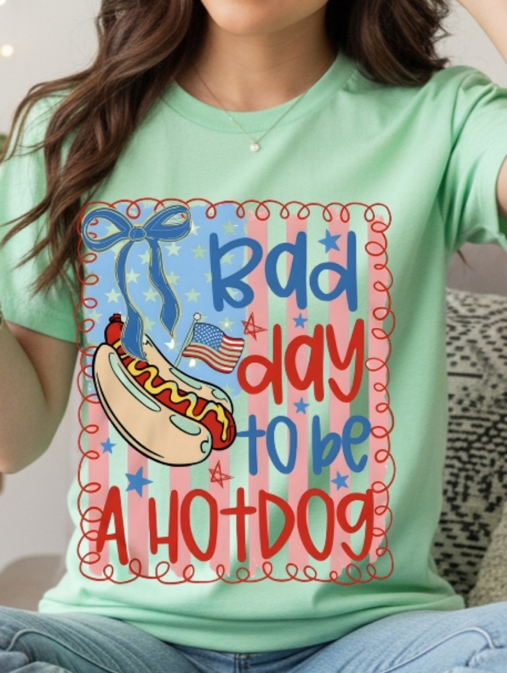 Gildan Mint Short Sleeve Tee with Patriotic Hotdog Graphic